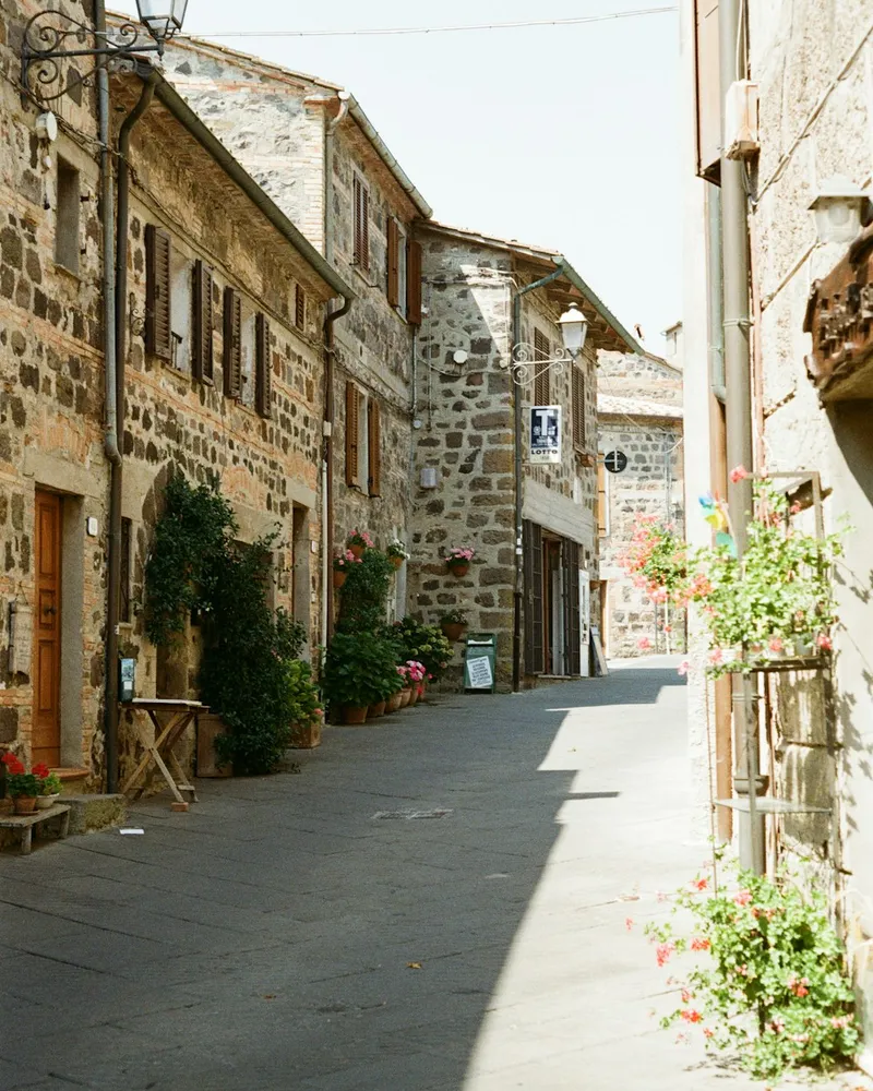Placeholder: a sunlit stone lane with geraniums in an Italian village